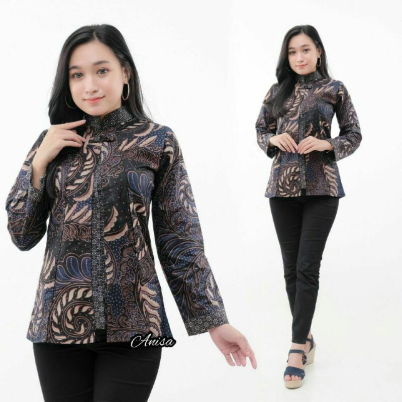 tey-Batik wanita ASJ SA HRB026 Kenongo Kemeja Tosca Pendek-Bol Puser Biru