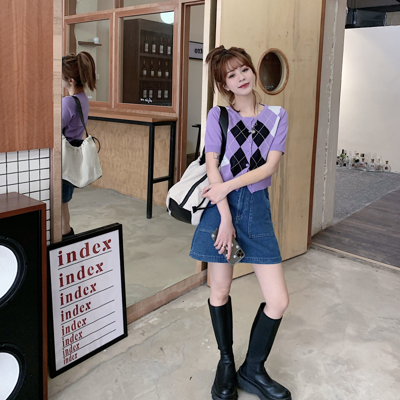 [Diskon Spesial]kardigan Rajut Korea Style crop top cardigan wanita belah ketupat print knit-5