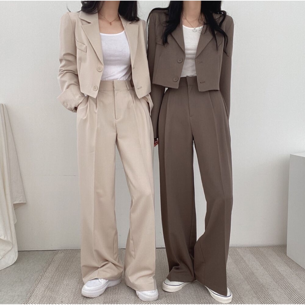 Setelan Wanita Kekinian Import Korean Style Celana Kulot Highwaist Loose/Blazer Crop Jaket Lengan Panjang/Pakaian Wanita Terbaru/One Set Wanita