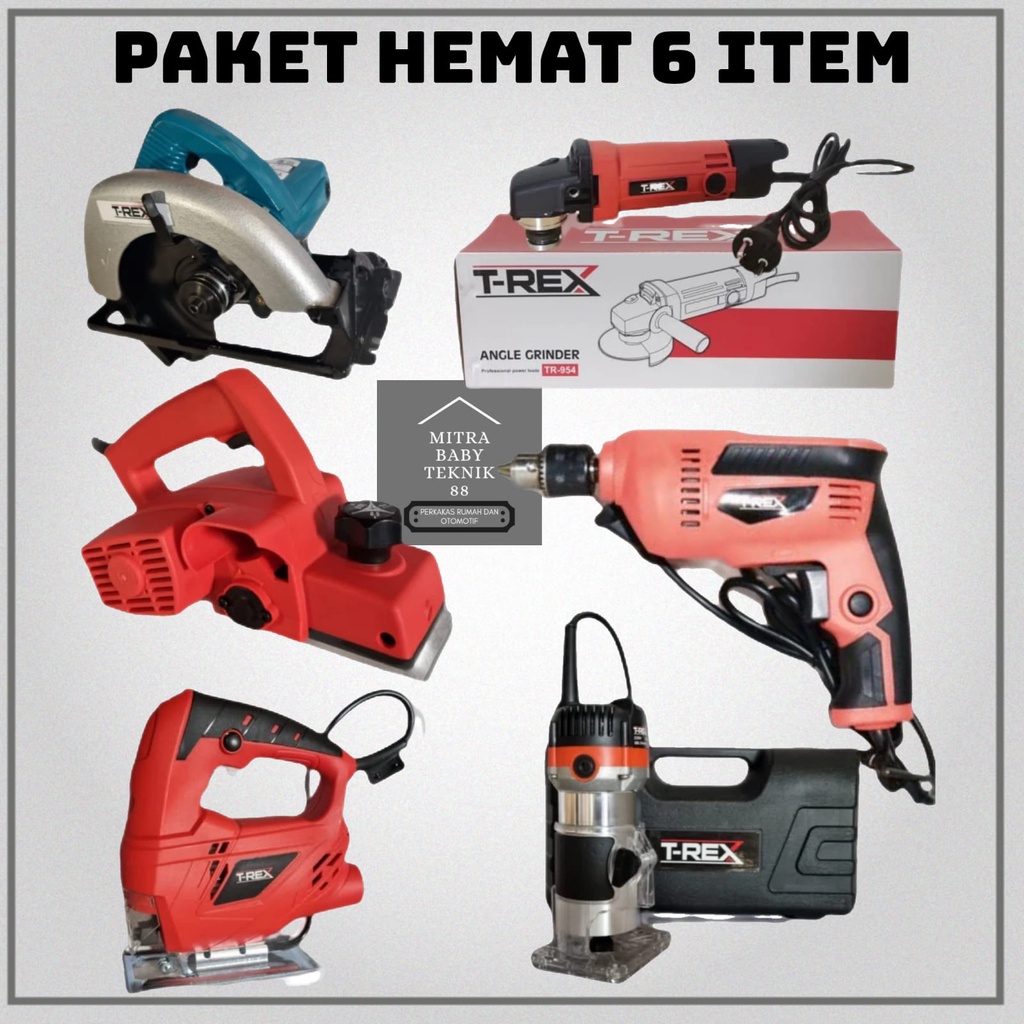 paket mesin tukang kayu lengkap MURAH !! 6 JENIS MESIN dari BOR 10MM / MESIN GURINDA ANGLE GRINDER / MESIN SERUT PLANNER / JIG SAW MESIN GERGAJI / ROUTER TRIMMER MESIN PROFIL / T-REX paket perkakas tukang kayu