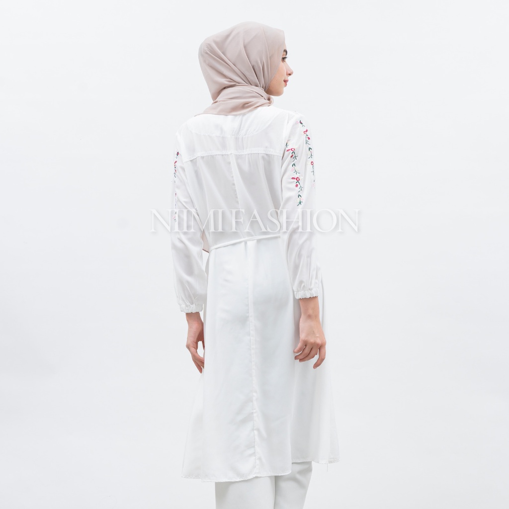 NIMI - Madina Dres Midi Dress Putih Bordir Tunik Putih Premium