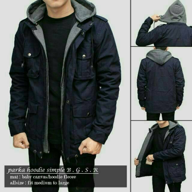 Jaket parka pria hoodie simple navy blue