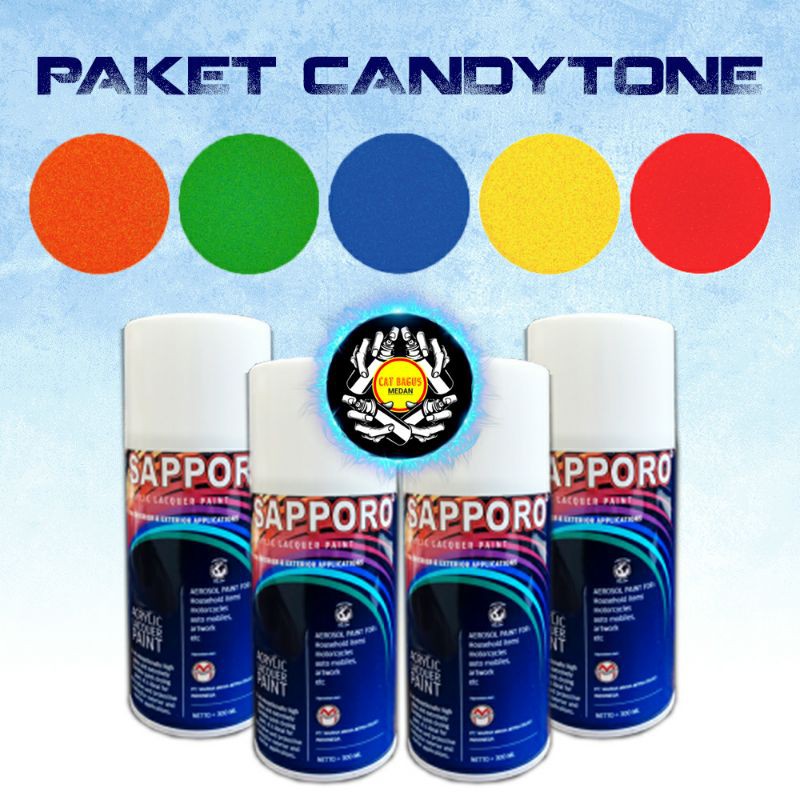 PAKET SAPPORO CANDYTONE KOMPLIT CAT SEMPROT 300 ML CAT MOTOR AEROSOL PYLOX MERAH HIJAU KUNING ORANYE