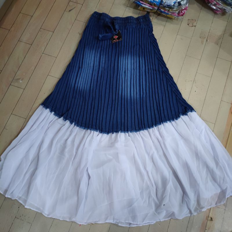 Rok plisket jeans dewasa kombinasi sifon