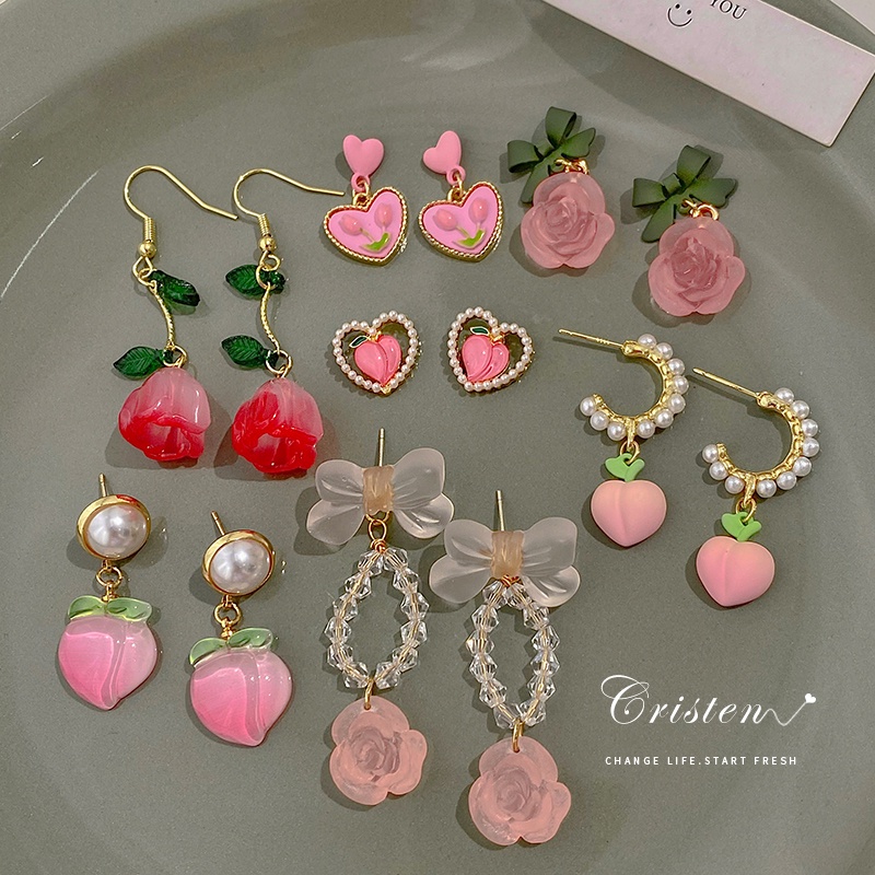 Anting Tusuk Motif Bunga Hias Mutiara Imitasi Ala Korea Warna Pink Untuk Wanita / Musim Panas