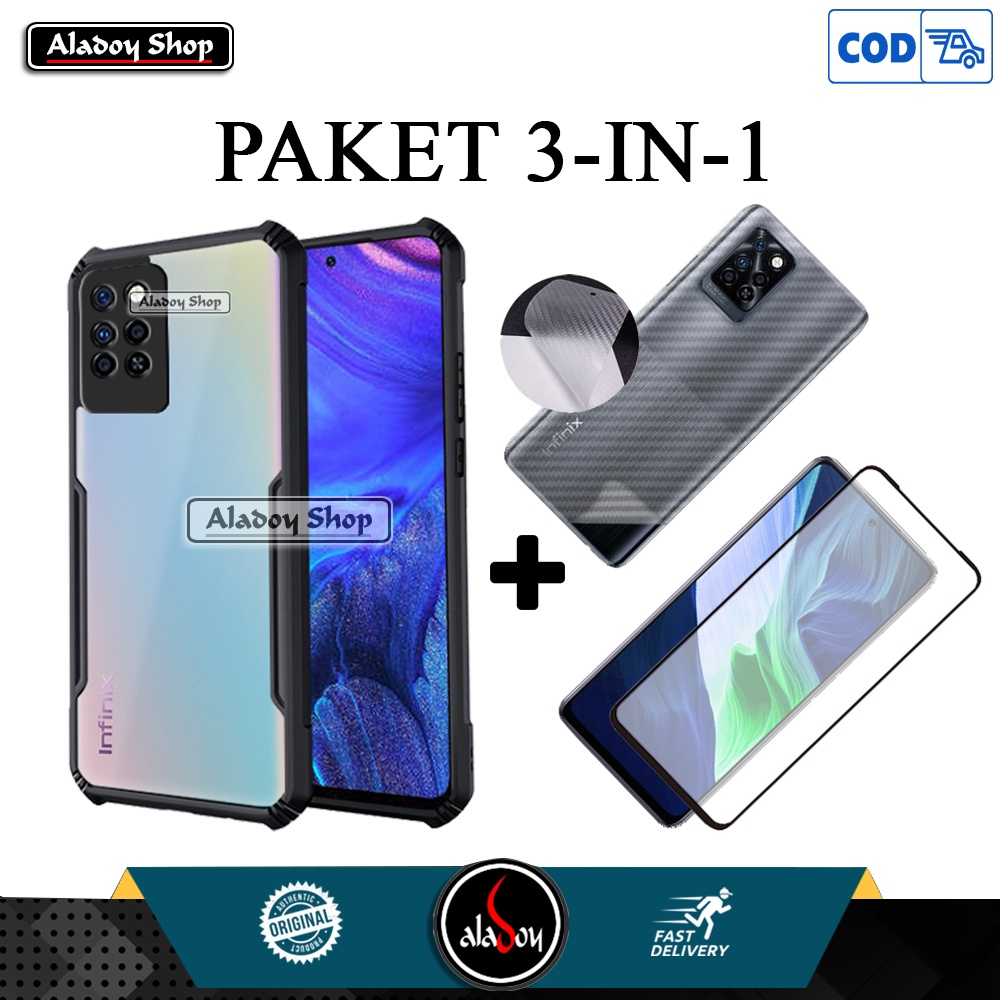 3 IN 1 Case Infinix Note 10 Pro Nfc 2021 Casing + Tempered Glass Layar + Skin Carbon