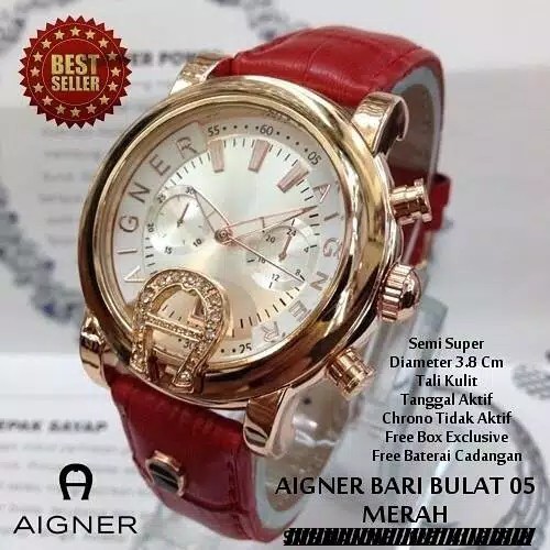 Original COD - JAM TANGAN BRANDED WANITA AIGNER MEWAH MODEL BULAT TALI KULIT TANGGAL AKTIF Premium
