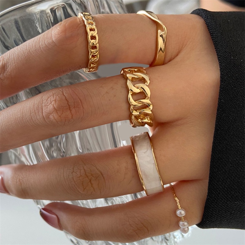 5pcs / Set Cincin Model Rantai Terbuka Desain Kupu-Kupu Aksen Mutiara Untuk Wanita