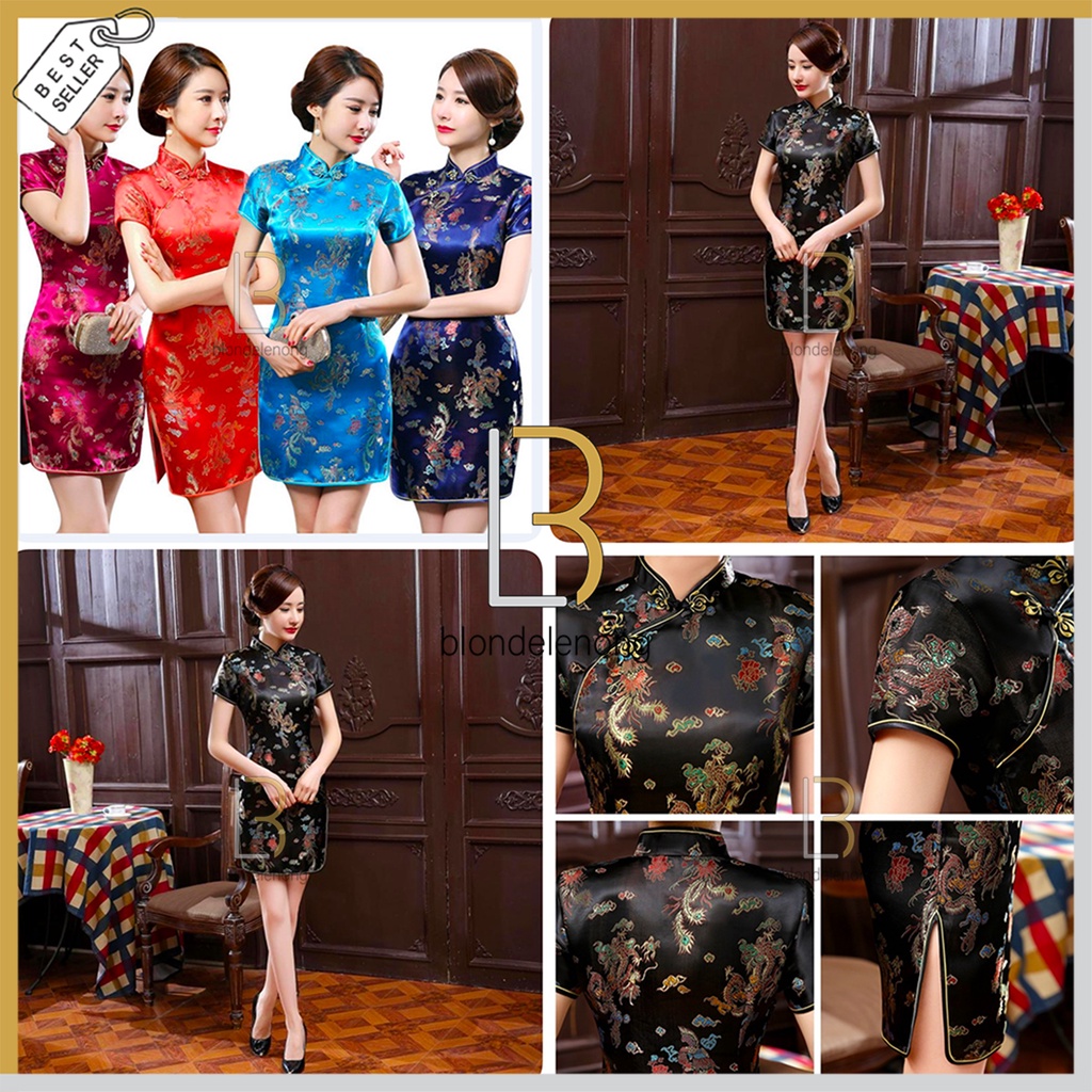 Baju Dress Blousse Top Cheongsam Chongsam Qipao Zhongsan Hanfu Anak Cewek Wanita Perempuan Kain Batik Satin Panjang Pendek Imlek Tahun Baru Cina Cny 2022 Keluarga Merah Kuning Emas Ukuran Size Kecil Sedang Medium Besar S M L XXL 2XL XXXL 3XL Import Murah