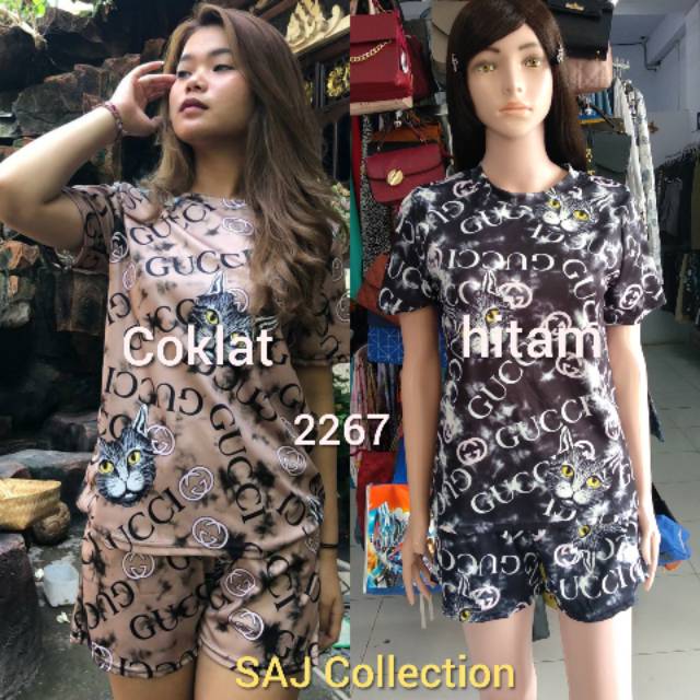 BAJU WANITA SETELAN CELANA PENDEK MOTIF GUCCI,CAT IMPORT 2267