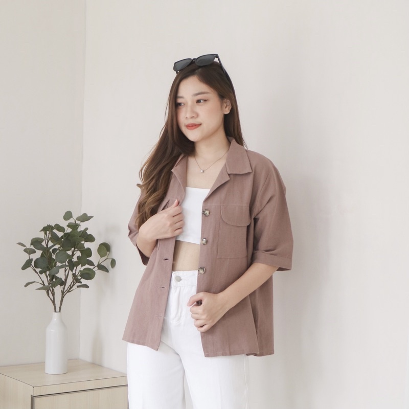 MSMO Somi Oversized Linen Shirt Outer / Atasan Wanita / Kemeja Wanita / Kemeja Linen / Top Wanita / Linen Shirt-Hazelnut