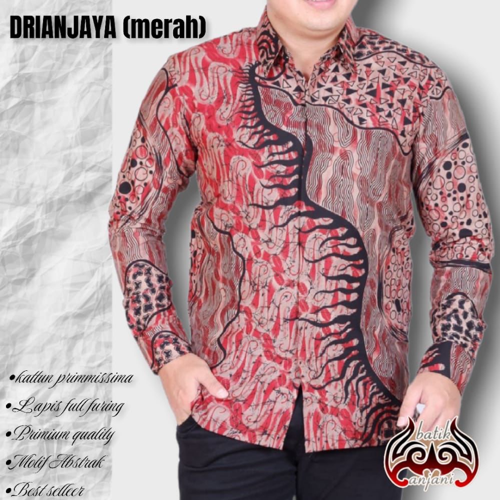 DRIANJAYA ANJANI MERAH KEMEJA BATIK PRIA SOLO LENGAN PANJANG PREMIUM LAPIS FURING CITRA AYU MEGO NOGO GALING IRSO KEMBANG EMAS KOPI HITAM SEMAR GENDEONG PARIKESIT BAUREKSA PEKSI BIRU KEJAYAN TUMURUN SOGAN REMUKSA JAYASURA  PRABU SEKTI BIMA  PARANG BUDOYO