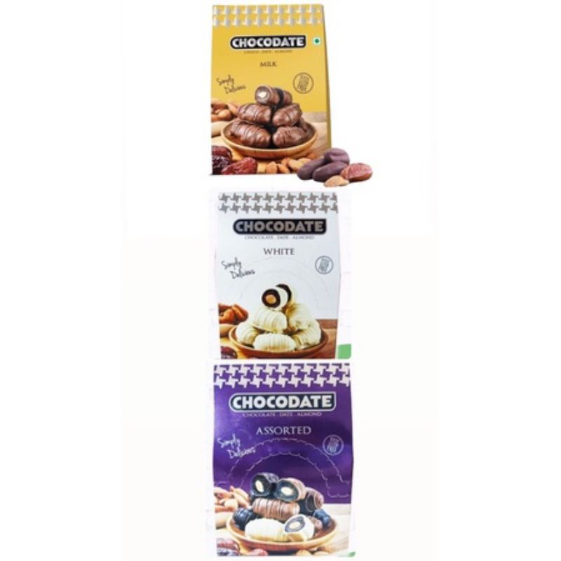 

Chocodate Real milk-White-Assorted 33gr - Coklat Kurma isi Almond