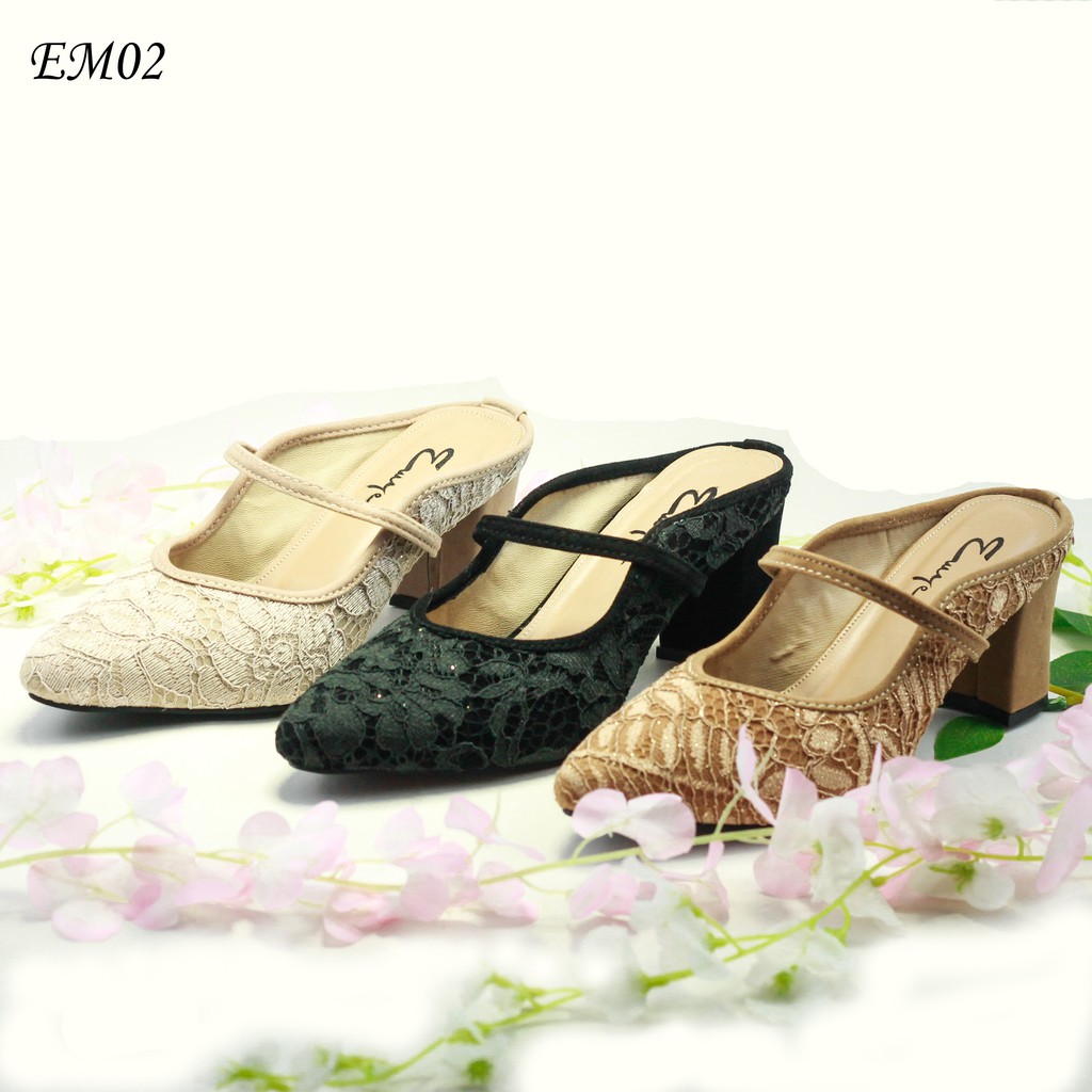 EMYE-EM02 Sepatu Heels Pengantin Wanita Hak Tahu 7cm Brukat / Sepatu Pengantin Wanita Terbaru /  Sandal Kondangan Wanita Brukat Original