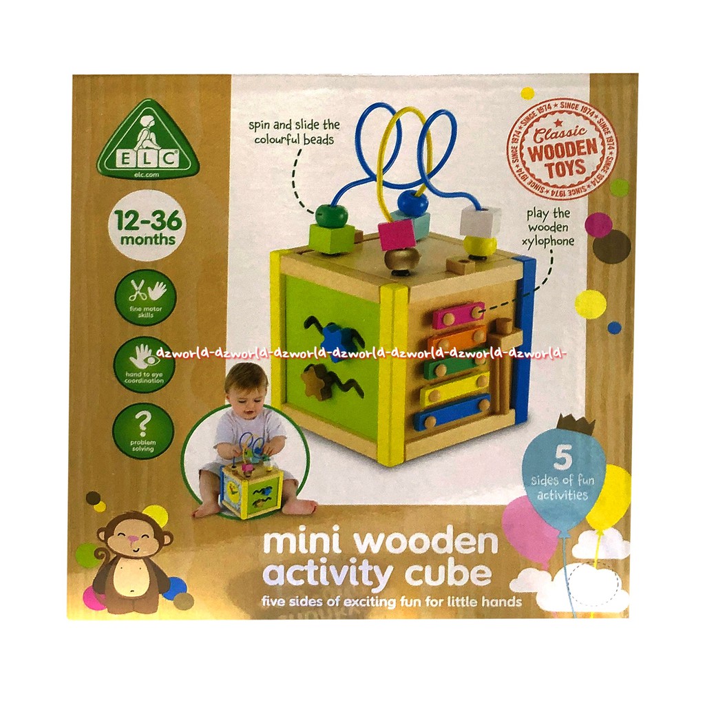 ELC Mini Wooden Activity Cube Mainan Belajar Jam Spin Slab Buat Anak