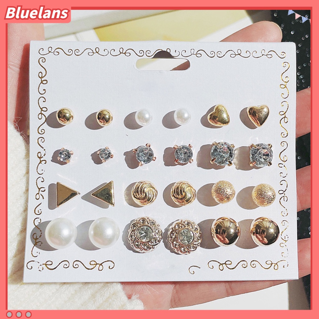 Bluelans 12 Pasang Anting Stud Bentuk Bola Geometris Aksen Mutiara Imitasi Gaya Korea Untuk Wanita