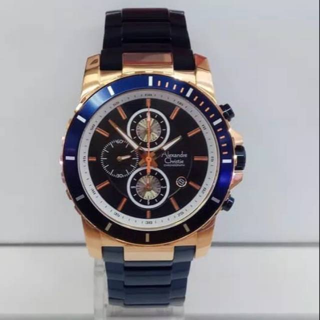 JAM TANGAN PRIA ALEXANDRE CHRISTIE AC 6141 CHRONOGRAPH ROSE GOLD BLUE ORIGINAL
