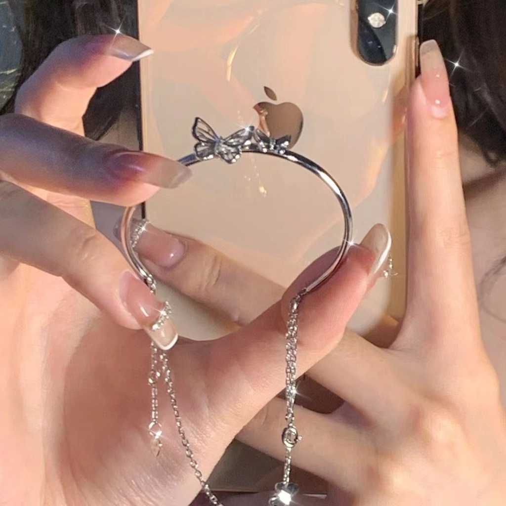 AY(CN) Gelang Rantai Silver Model Butterfly Heart Double Layer Untuk Wanita