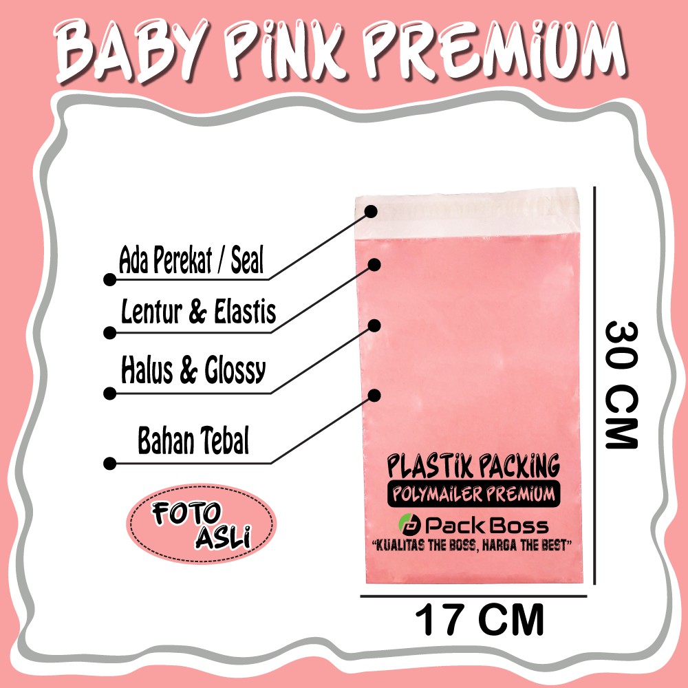 

IK6 BABY PINK 17x30 POLYMAILER TEBAL GLOSSY HALUS LANGSUNG PABRIK PLASTIK JNE
