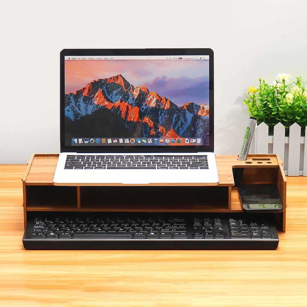 Stand Laptop Kayu Dengan Laci Rak Alat Tulis Tempat HP Keyboard Rak Kertas Dokumen File Tatakan Peni