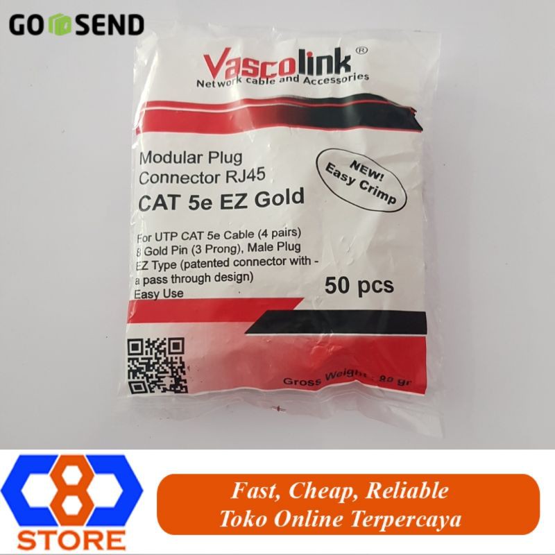 CONNECTOR RJ45 KONEKTOR RJ45 VASCOLINK CAT 5E EZ GOLD 50 PCS