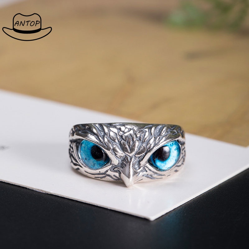 Vintage Style Burung Hantu Kristal Cincin Perak Hewan Pria Wanita Perhiasan Fashion Punk Crystal Rings ANTOP