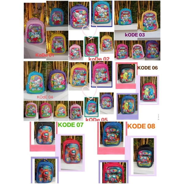 Tas ransel sekolag BT21 dan AMONG US ukuran PAUD TK sD motif TIMBUL