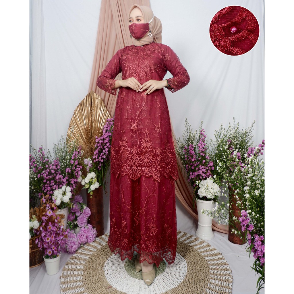 Gamis Brukat Jumbo - Gamis Brukat Malaysia - Gamis Brukat Terbaru  (FREE HIJAB)-Maroon