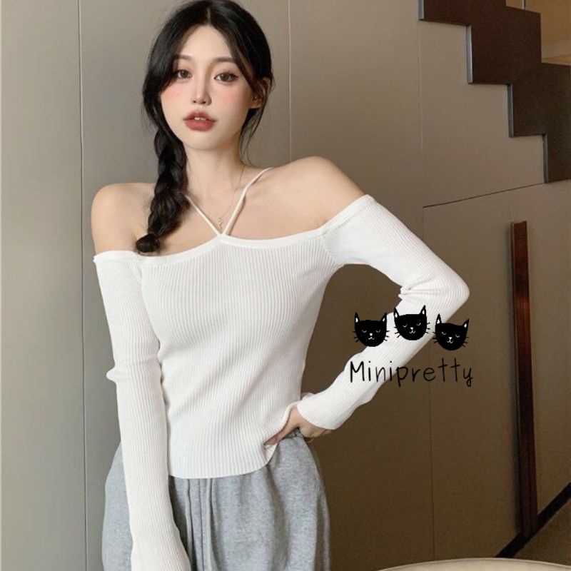 Atasan Rajut Sabrina Tanpa Bahu / Cross Long Slevee Knit Top / Baju Mahalini