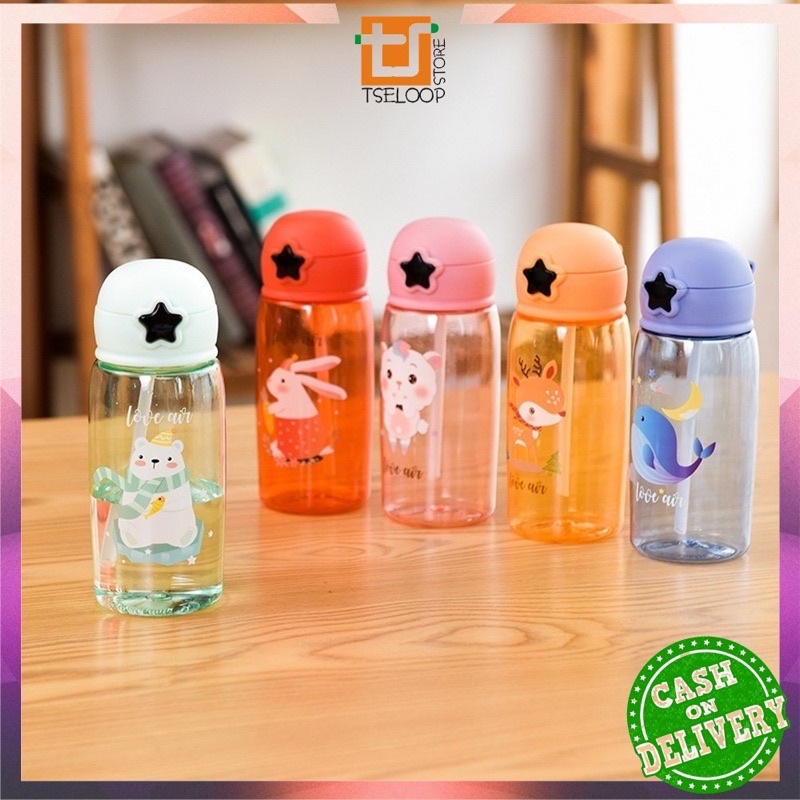 Botol Air Minum 520ML Tombol Bintang / Botol Minum Anak Lucu Motif Karakter Imut dengan Sedotan BPA FREE