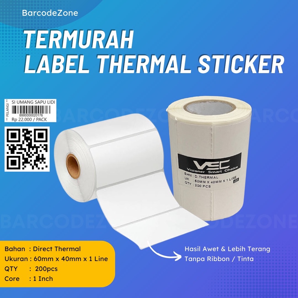 

LABEL THERMAL BARCODE 60 X 40mm DIRECT THERMAL 60x40mm 1 LINE - ALAMAT HARGA
