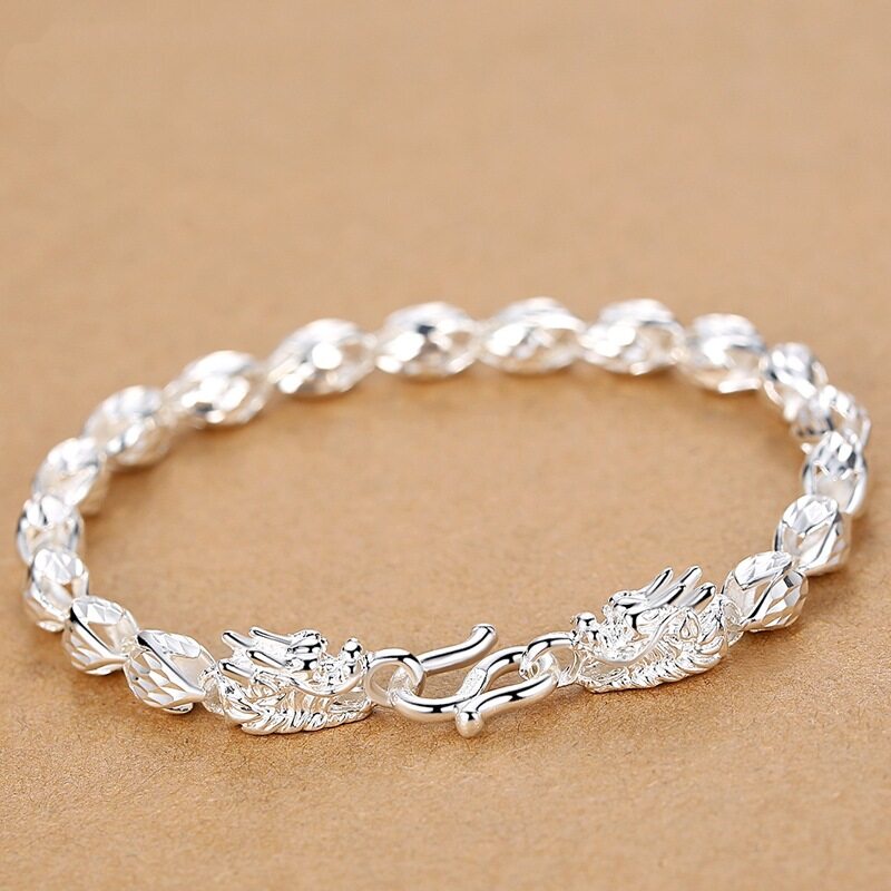 Gelang Sterling Silver 925 Desain Naga Gaya Cina retro Untuk Pria