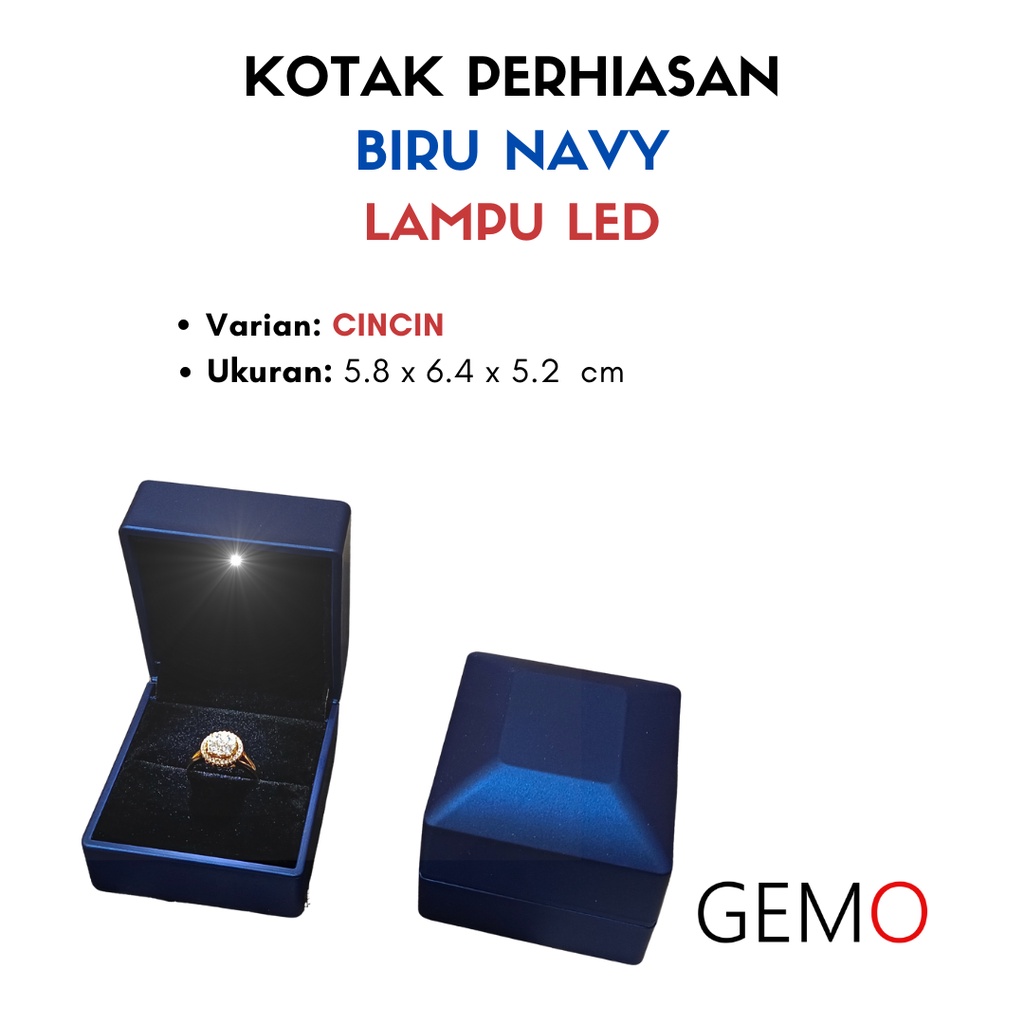 Kotak Perhiasan Berlampu Warna Biru Navy Set / Cincin / Liontin / Gelang / Kalung Koye / Jewelry Box Tempat Perhiasan Lampu LED Murah Cocok Untuk Gift / Hadiah, Lamaran, Mahar Pernikahan, Hantaran Tunangan, Seserahan Pernikahan