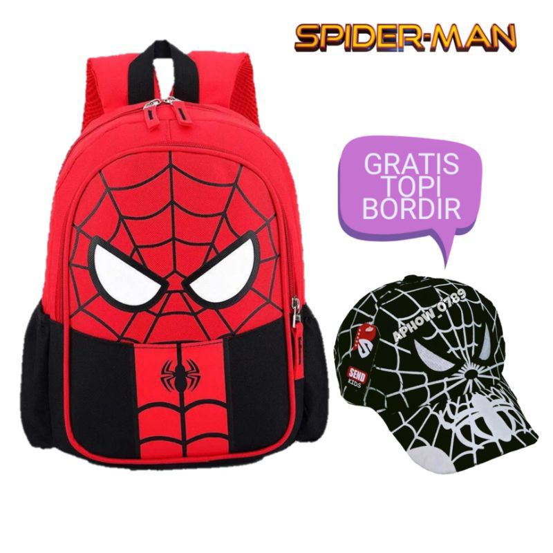 Tas ransel anak laki-laki karakter Spiderman gratis topi bordir - tas anak