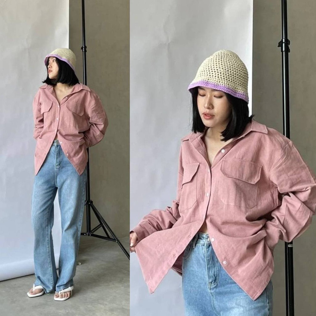 Kemeja Oversize Linen Pocket Outer Wanita - Lengan Panjang/Atasan Wanita Oversize/Kemeja Wanita korea Polos-7