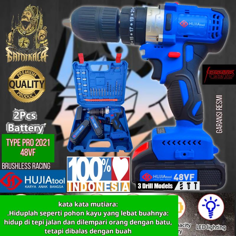 Promo Mesin Bor Cas Baterai Cordless Impact Drill HUJIA tool Made In Indonesia Setara Makita