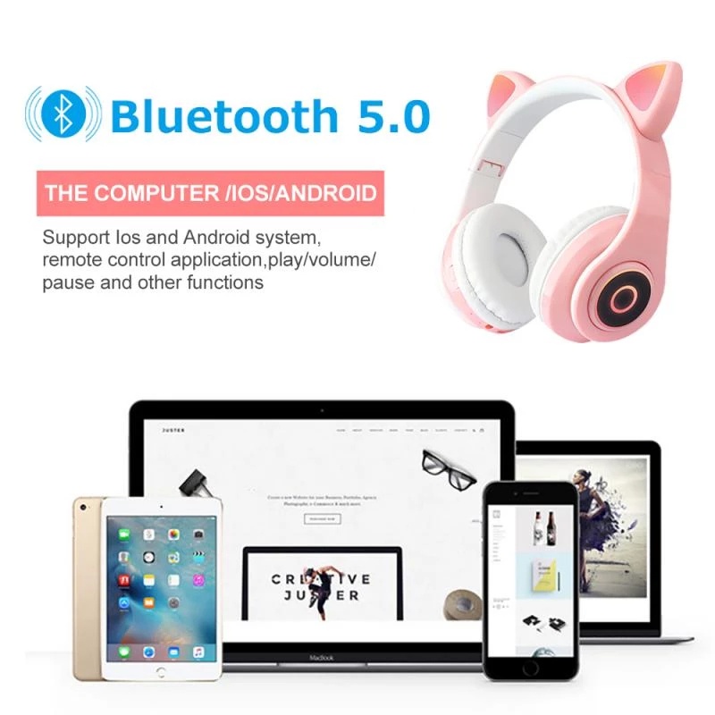 B39 Headset Bluetooth Telinga Kucing Headphone Lucu LED Wireless Headset Gaming Telinga Kucing Headset Anak Motif Kuping Kucing Bando Model Telinga