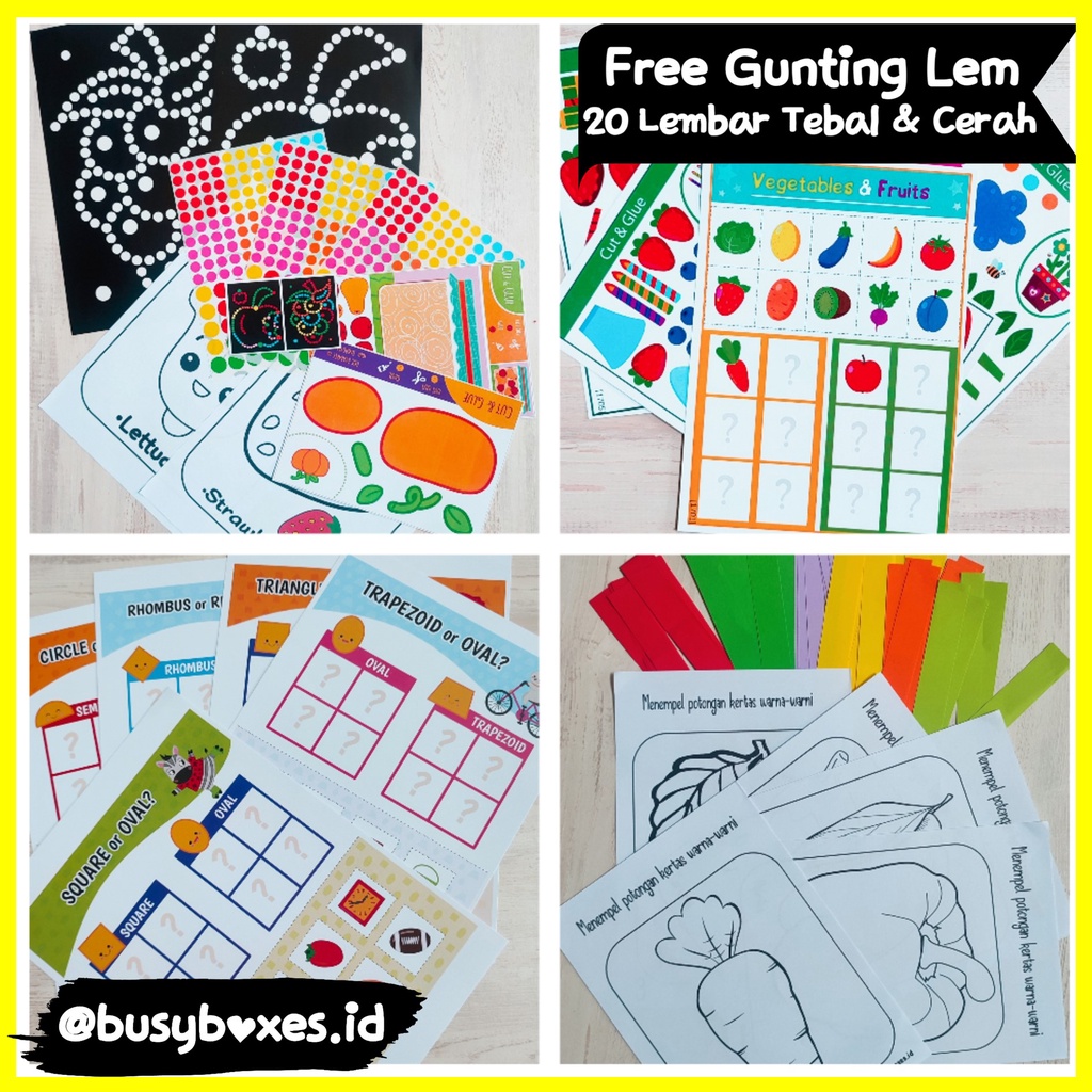 [busyboxes.id] MAINAN EDUKASI MURAH MAINAN MENEMPEL STICKER paket E worksheet aktivitas anak tk/paud isi 4 macam lebih hemat isi stiker dan cut&amp;glue games