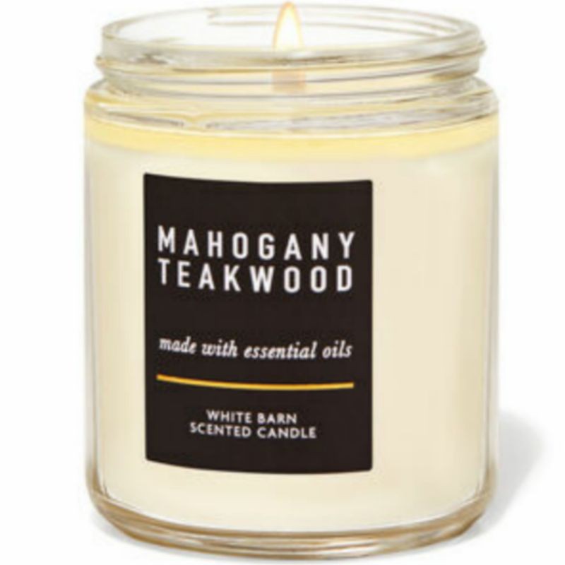 BATH &amp; BODY WORKS BBW MAHOGANY TEAKWOOD MADE WITH ESSENTIAL OILS WHITE BARN 1 WICK SCENTED CANDLE 198 G