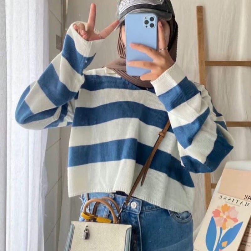 FUJI CROP ATASAN BLASTER STRIPE - BLOUSE RAJUT CROP TOP KOREA - SWEATER WANITA