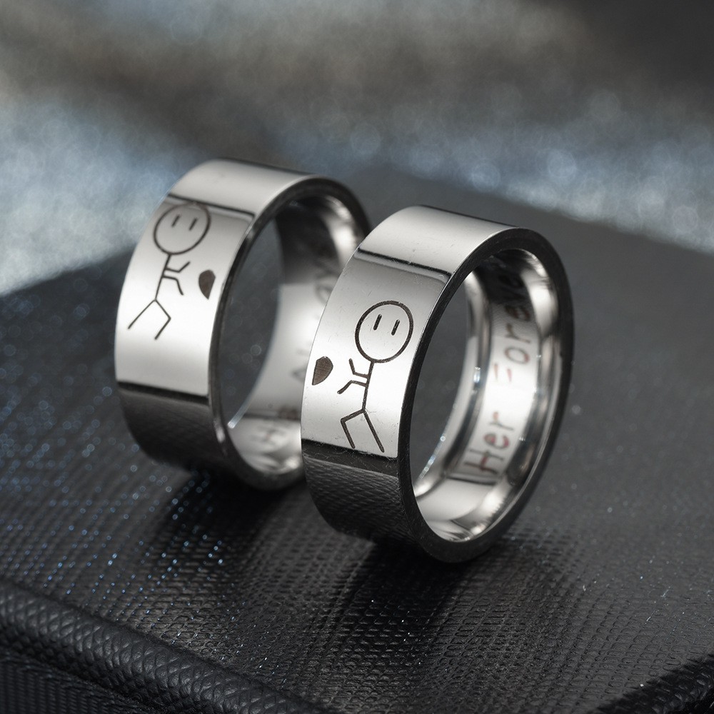 Cincin Desain Tulisan Her Forever His Always I Love You Bahan Titanium Silver Hitam Untuk Pasangan