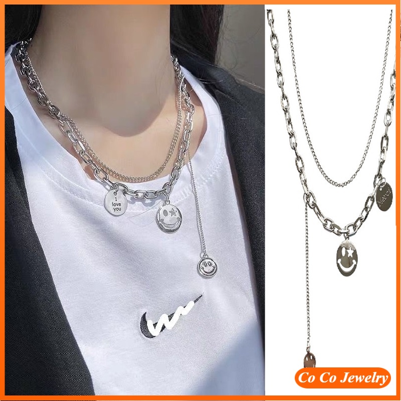 Hip-hop Personality Double Smiley Face Pendant Necklace for Women Girl Temperament Sweater Chain Neck Jewelry