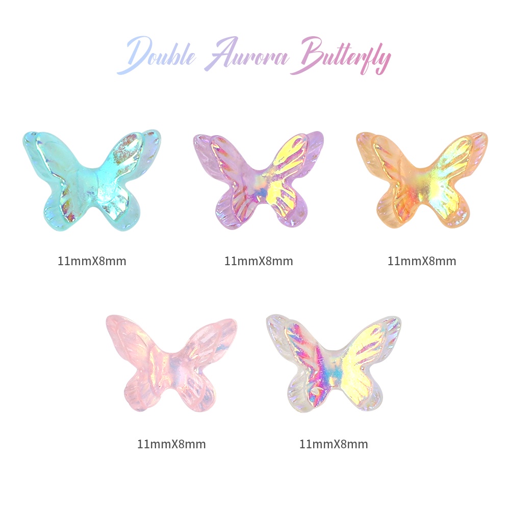 10pcs / set Stiker Kupu-Kupu 3D Aurora Glitter Dua Lapis Warna-Warni Untuk Dekorasi Nail Art
