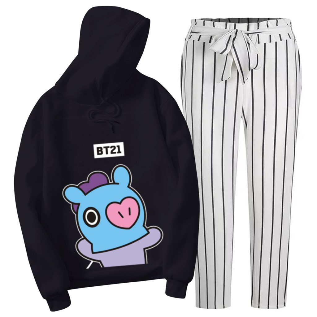 BESS - Setelan Hoodie Wanita Murah / Setelan Hoodie + Celana Salur Hitam - M4NG BW