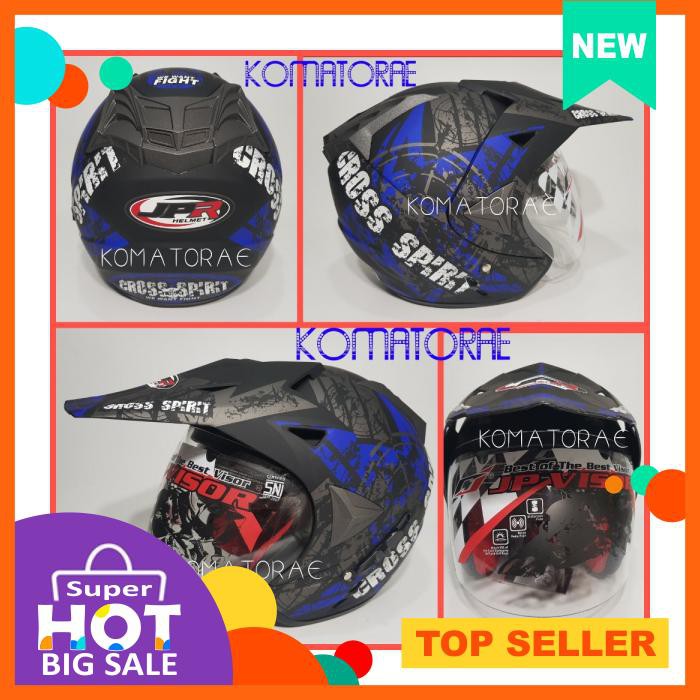 Helm Jpr Spirit Black Doff Blue Double Visor Supermoto Semi Cross Trail