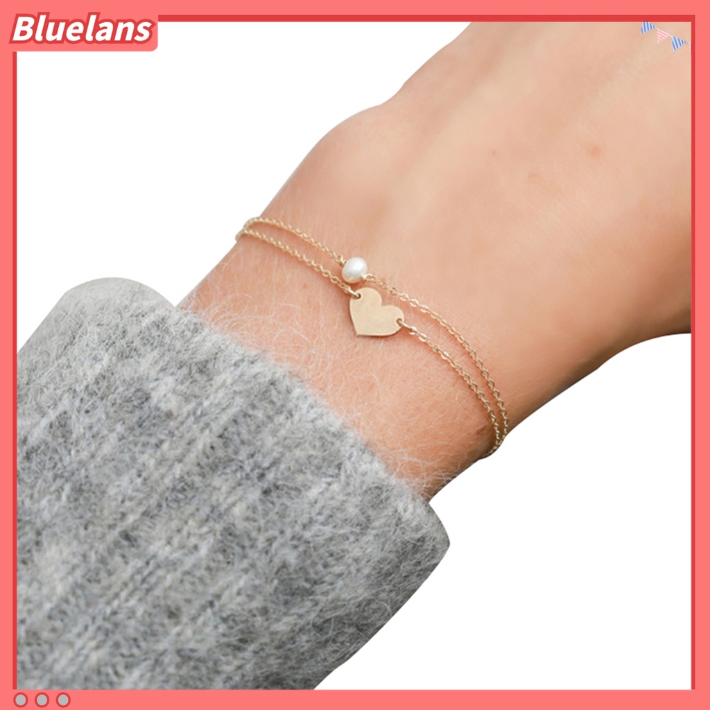 Bluelans Gelang Rantai Ganda Bentuk Hati Aksen Mutiara Tiruan Warna Solid Untuk Wanita
