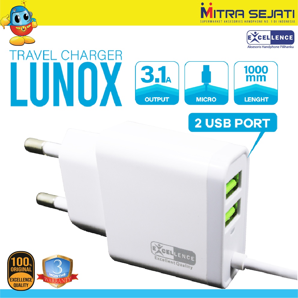 Travel Charger Excellence Lunox untuk iPhone/Micro USB/Type-C