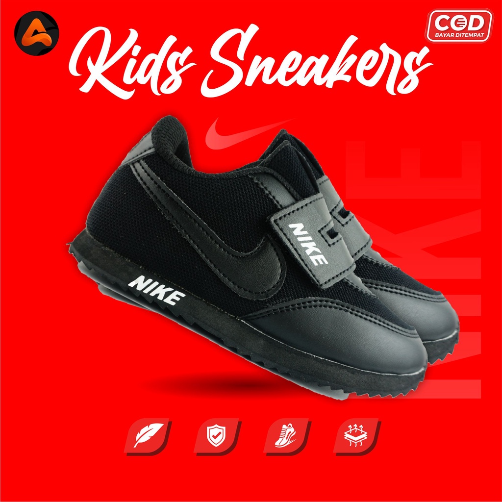 Sepatu Anak Sekolah Laki Laki Cowo Cowok Perempuan Cewe Cewek Sneakers Sport Warna Hitam Usia 1-10 T