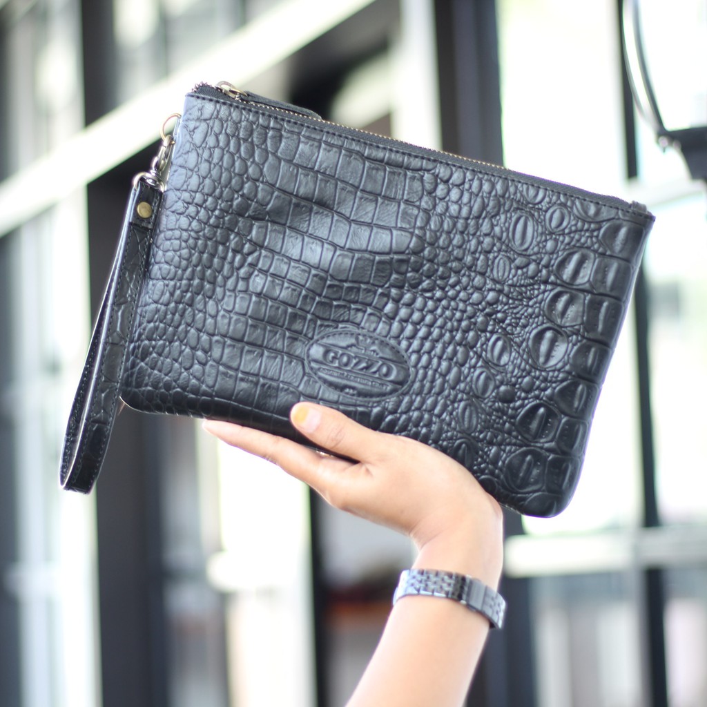 MURAH !! CLUTCH WANITA KULIT SAPI ASLI EMBOS BUAYA HITAM MODEL RUNO POUCH / FREE GRAVIR NAMA