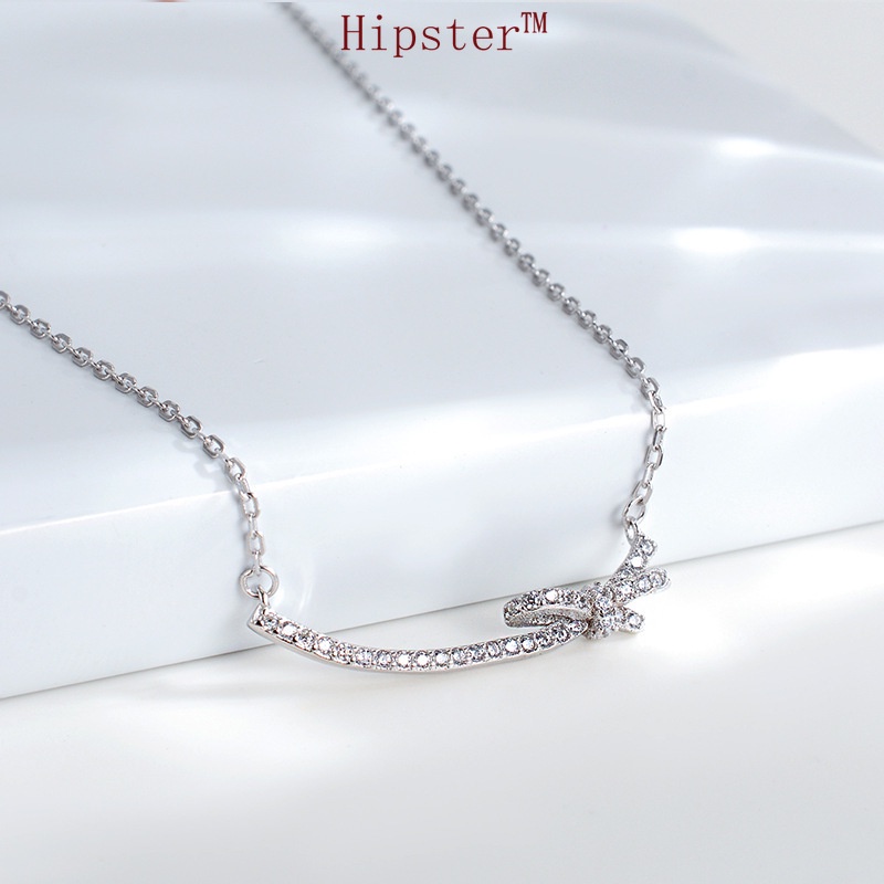 INS Style Minimalist Creative Design Full Diamond Smile Thin Bow Pendant Necklace